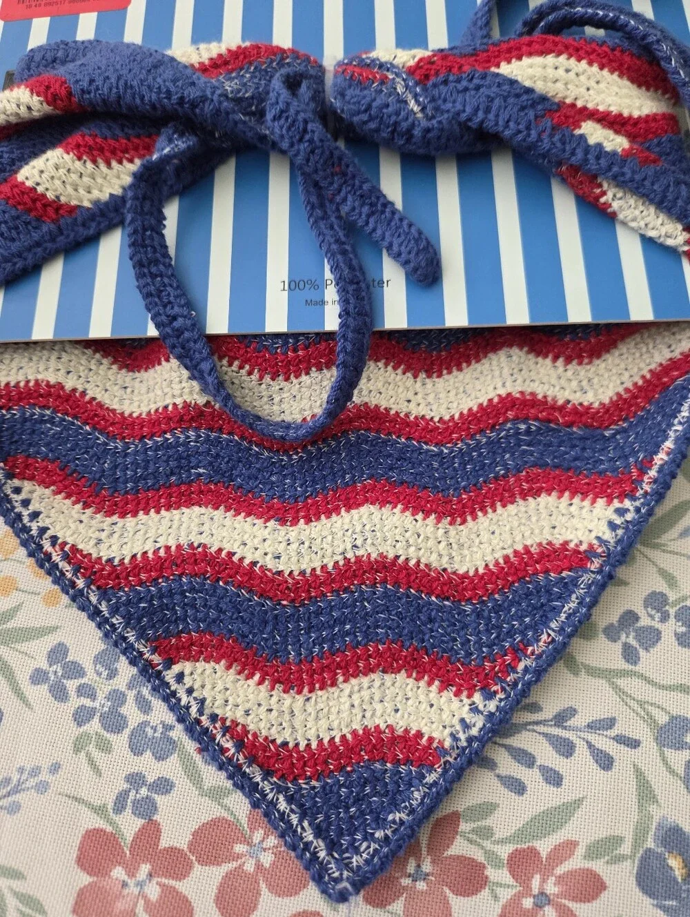 Piper K Blue Red Cream Striped Crochet Hair Scarf